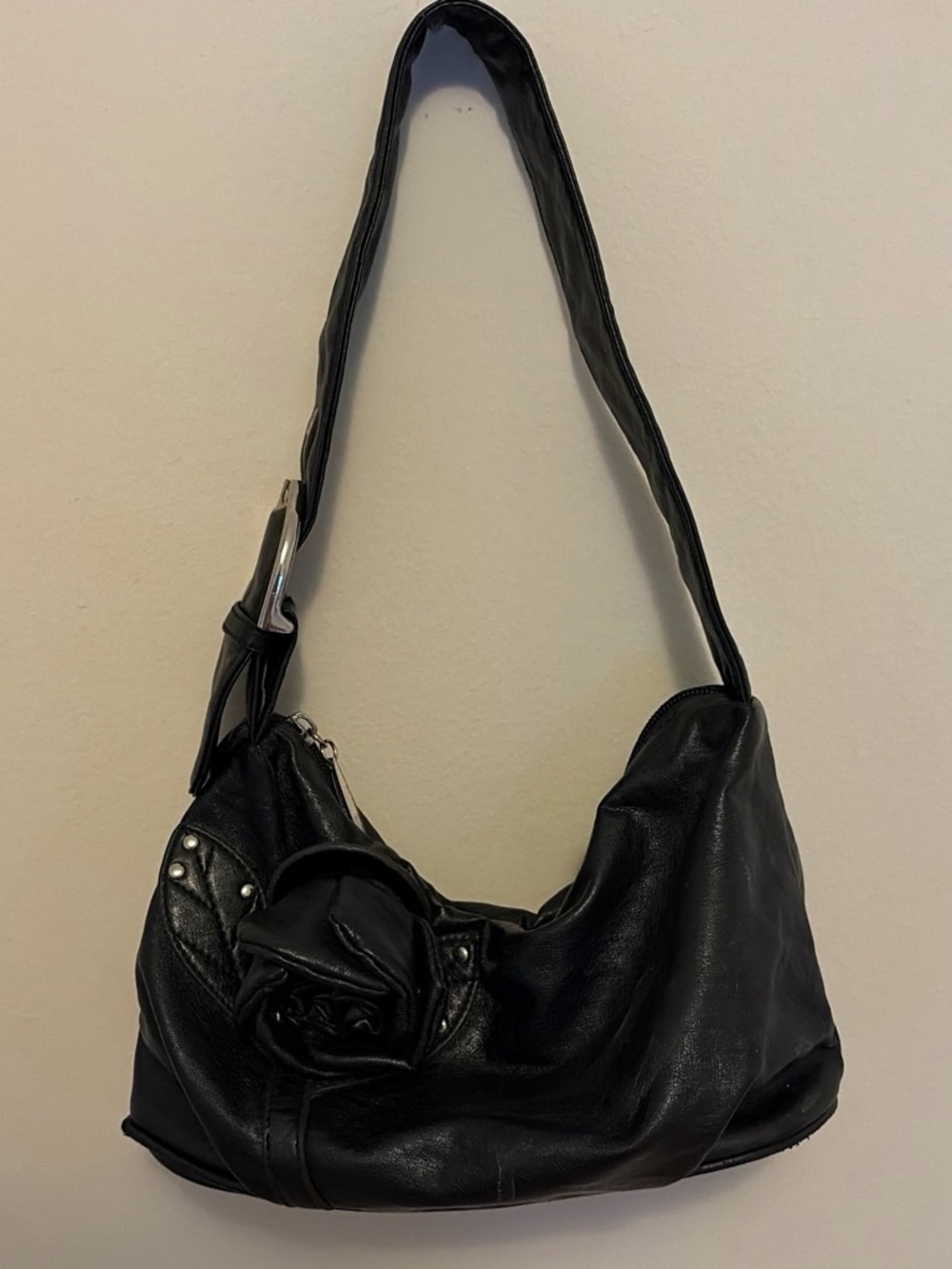 Black Shoulder Hobo Bag with Rose Accent